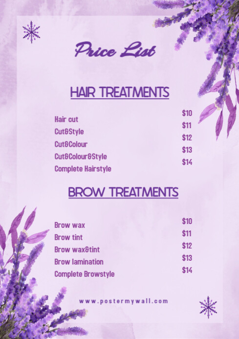 Purple List-based Price List Hair & Brow Treatments A4 template