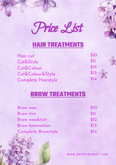 Purple List-based Price List Hair & Brow Treatments A4 template