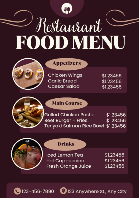 Modèle Violet Restaurant Food Menu A4 | PosterMyWall