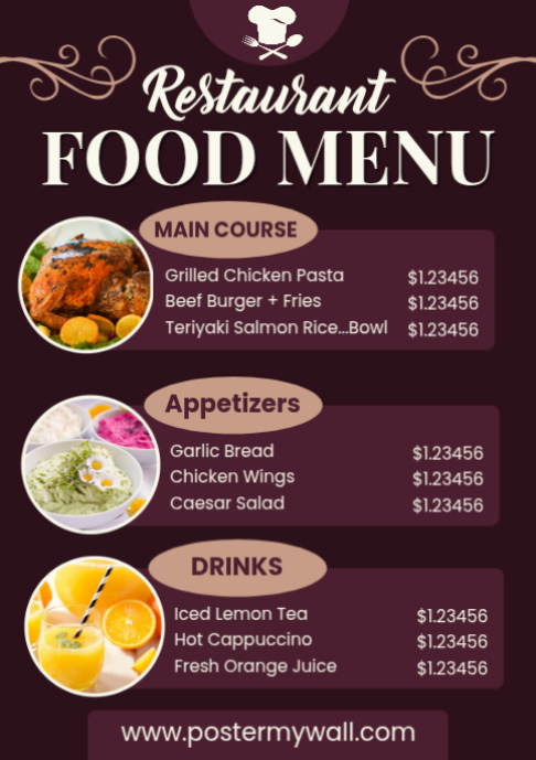 Purple list-based restaurant menu a2 Template | PosterMyWall