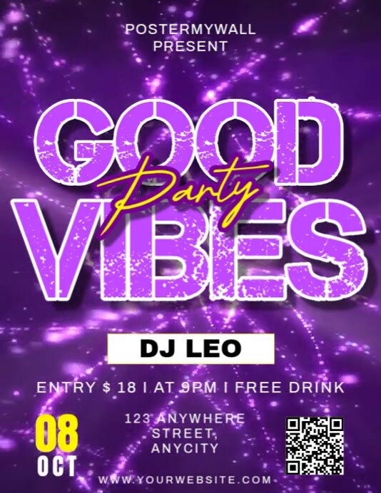 Purple Maksimalis Good Vibes Party Pamflet (letter As) 传单(美国信函) template