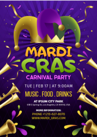 Purple Mardi Gras Carnival Party A4 template