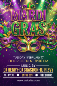 Purple Mardi Gras Party Poster template