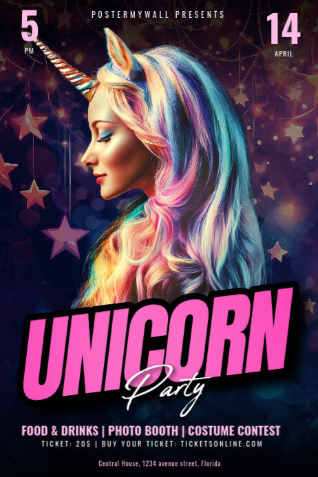 Purple Maximalist 3d Magical Unicorn Party Poster template