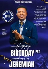 Leader birthday template for him. Elegant blue background A5