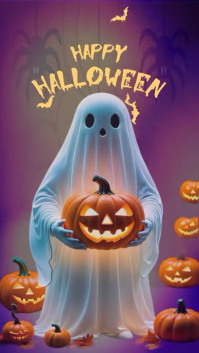 Purple Maximalist Cute Halloween Ghost Holding A Glowing Jack-o'-lantern Facebook Story template
