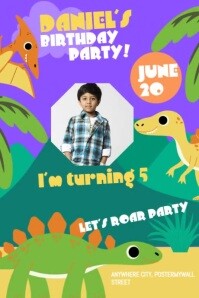 Purple Maximalist Dinosaur-themed Kid Birthday Invitation  Poster template