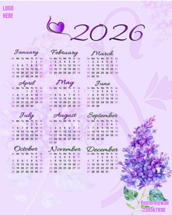 Plantilla de Purple Maximalist Elegant Purple Floral 2026 Calendar ...