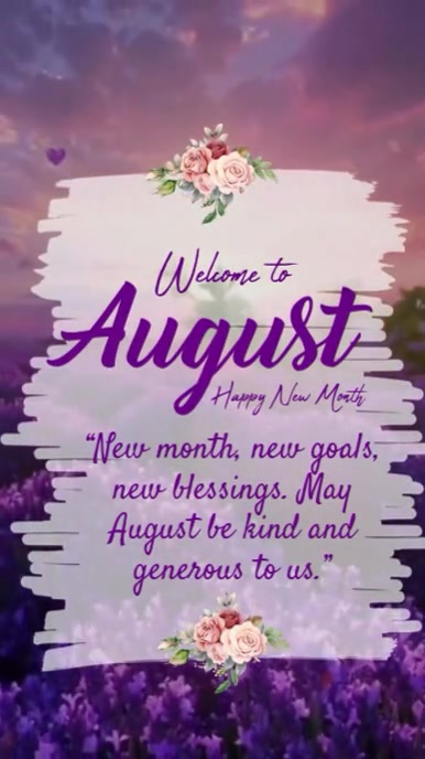 Purple Maximalist  Hello August Video Template | Happy New Month Greeting | Floral Aesthetic Backgro Digital Display (9:16)