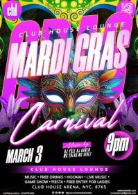 Purple Maximalist Mardi Gras Masquerade Carnival Party Flyer A5 template