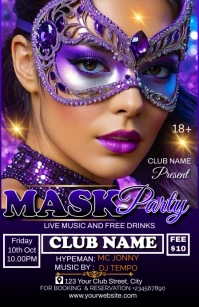 Purple Maximalist Mask Party Flyer Template T Tablóide