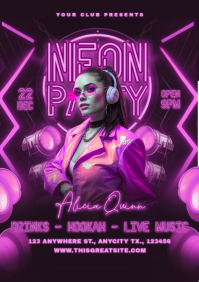 Purple Maximalist Neon Party A4 template