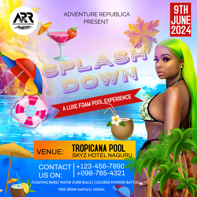 Purple Maximalist Pool Party Invitation Flyer Instagram Post template