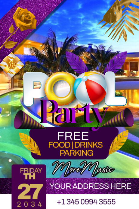 Purple Pool Party Posters Template | PosterMyWall