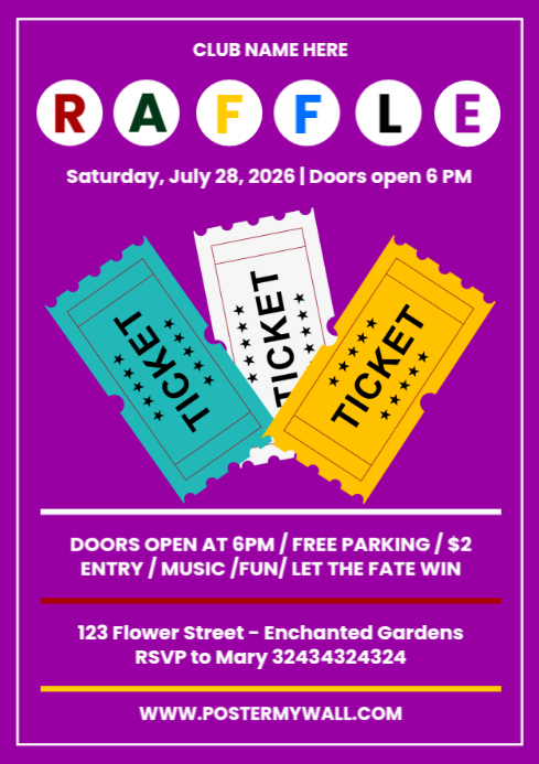 Purple Maximalist Raffle Ticket Contest Invitation A4 template