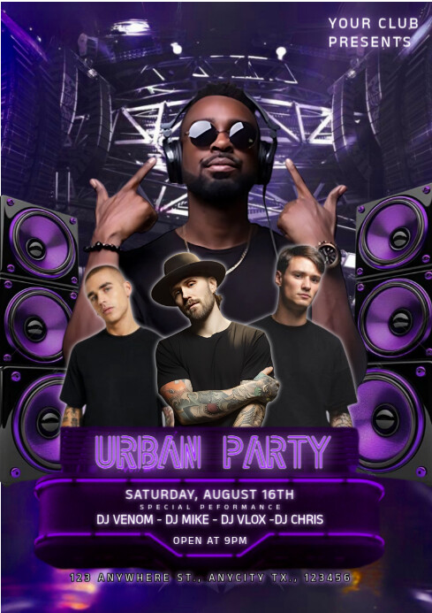 Purple Maximalist Urban Party A4 Template | PosterMyWall