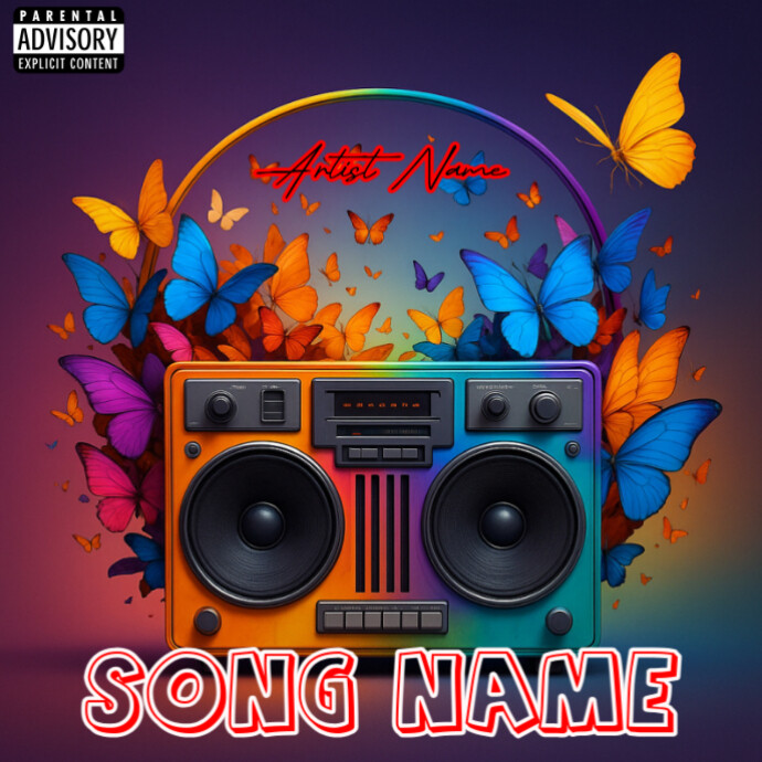 Purple Maximalist Vibrant Retro Boombox With Colorful Butterflies Album Cover template