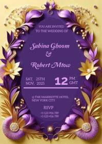 Purple Maximalist Wedding Invitation Card  A4 template