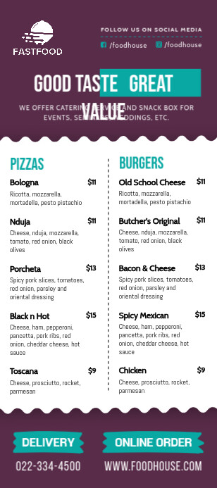 Price Menu Rack Cards Example Purple Menu Rack Card Template | PosterMyWall