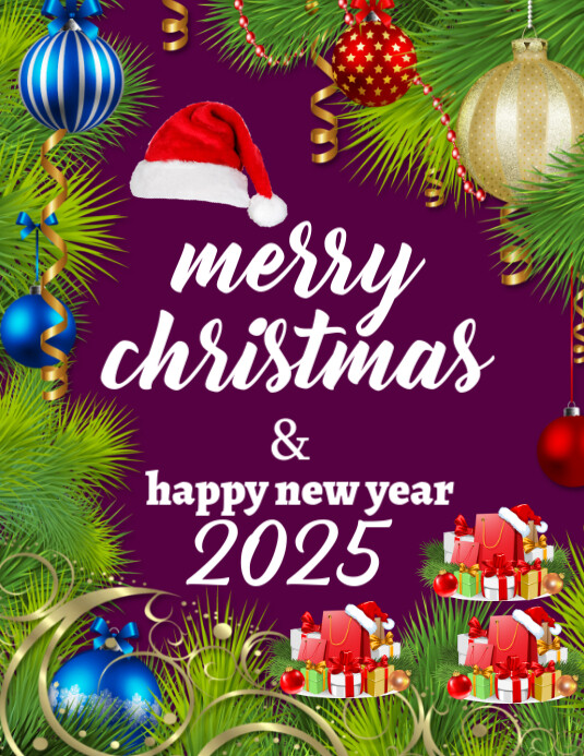 Purple Merry Christmas Happy New Year 2025 Flyer Template PosterMyWall