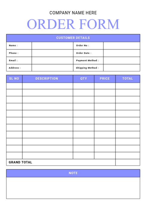 Purple Minimal Order Form A4 template