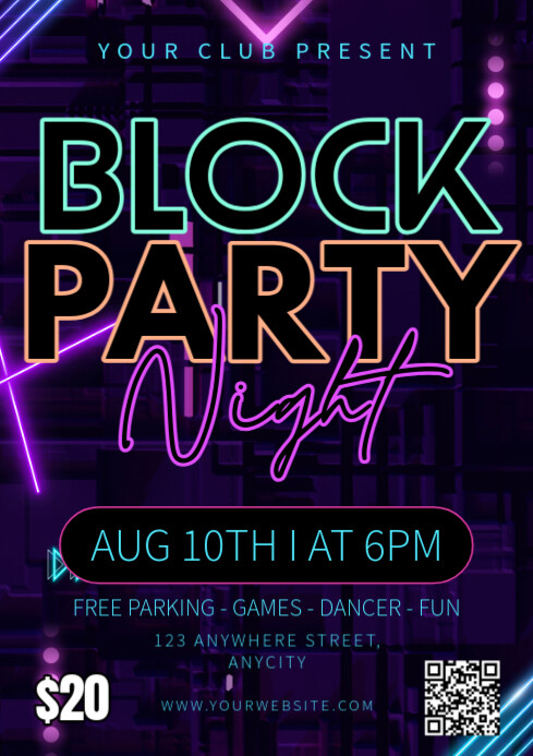 Purple Modern & Minimal Block Party Night A1 template