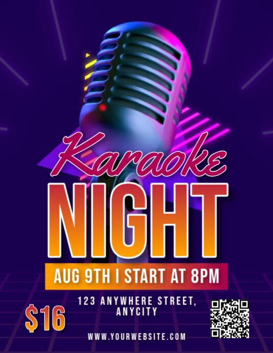 Purple Modern & Minimal Karaoke Night Pamflet (letter As) Folheto (US Letter) template