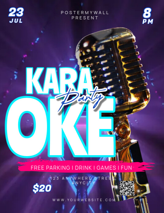 Purple Modern & Minimal Karaoke Party Pamflet (letter As) template