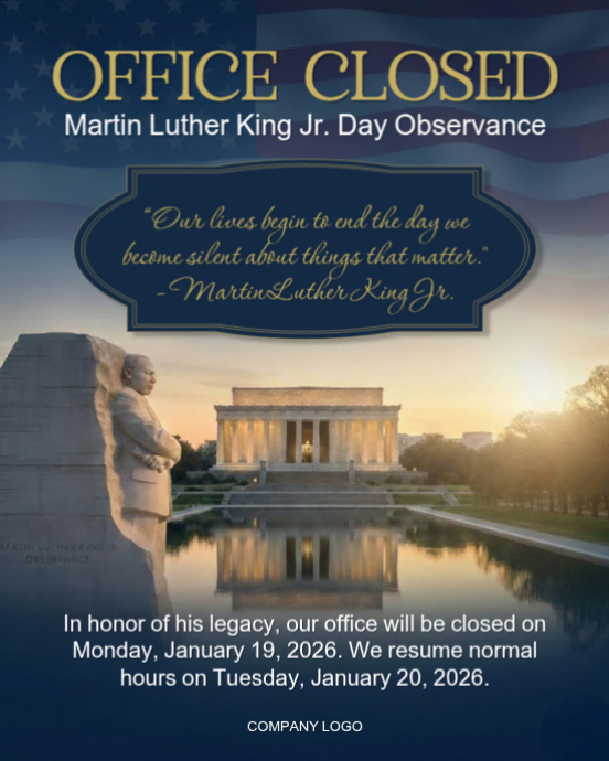 Plantilla de Purple Modern & Minimal Mlk Day Office Closed Notice ...