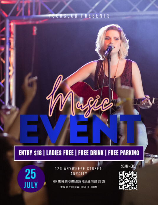 Purple Modern & Minimal Music Event Pamflet (letter As) Folheto (US Letter) template