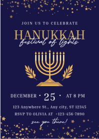 Purple Modern & Minimal Navy And Gold Chic Hanukkah Celebration Invitation A6 template