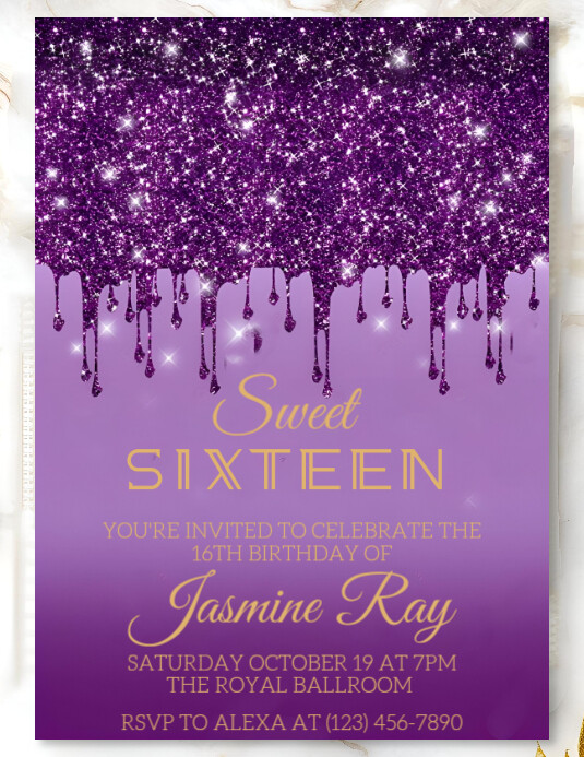 Purple Modern & Minimal Purple Glitter Sweet 16 Invitation – Glamorous Birthday Party Template Flyer Pamflet (VSA Brief)