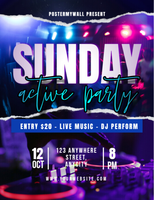 Purple Modern & Minimal Sunday Active Party Pamflet (letter As) Volantino (US Letter) template