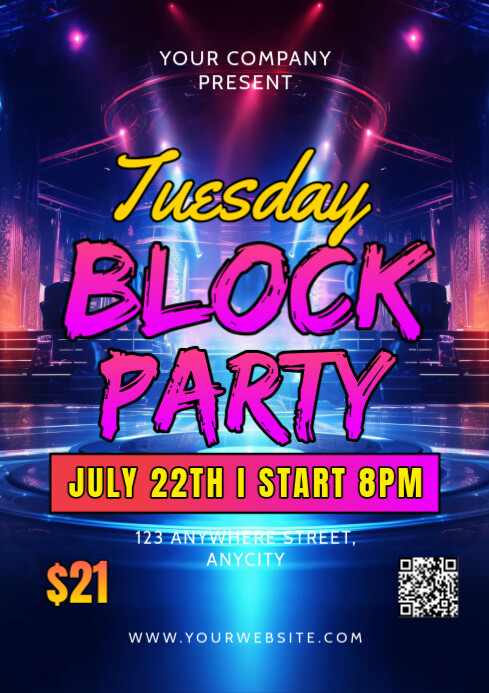 Copy of Purple Modern & Minimal Tuesday Block Party A2 | PosterMyWall