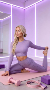 Purple Modern & Minimal Yoga and Fitness Digital Display. Beautiful Blonde Woman Doing Yoga Stretch template