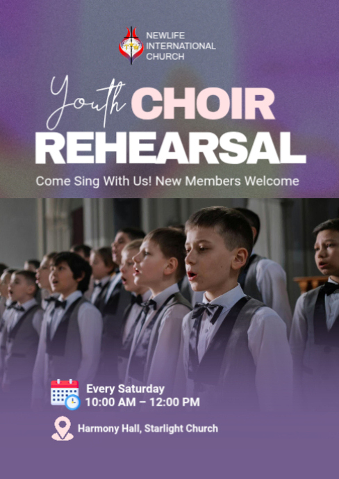 Purple Modern & Minimal Youth Choir Rehearsal A6 Template | PosterMyWall