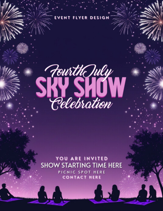 Purple Modern & Minimal 4th Of July Fireworks Picnic Flyer – Sky Show Celebration Flyer (us Letter) template