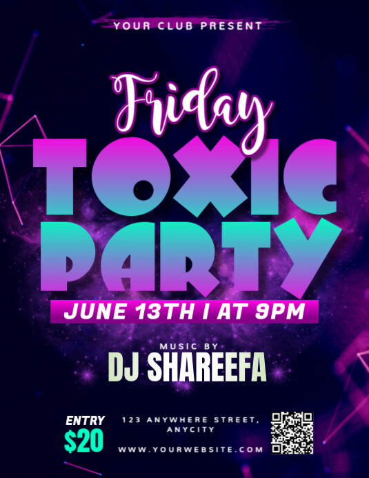 Purple Modern & Minimal Friday Toxic Party Pamflet (letter As) Flyer (US Letter) template