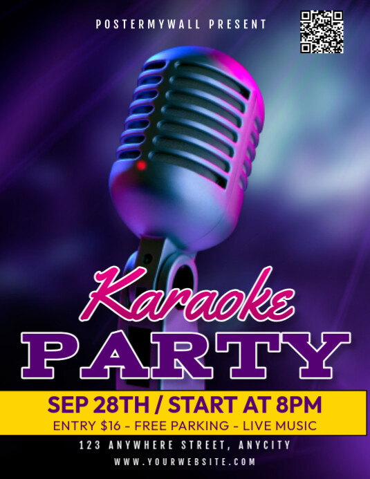 Purple Modern & Minimal Karaoke Party Pamflet (letter As) Ulotka (US Letter) template