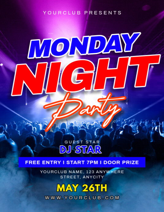 Purple Modern & Minimal Monday Night Party Pamflet (letter As) Flyer (US Letter) template