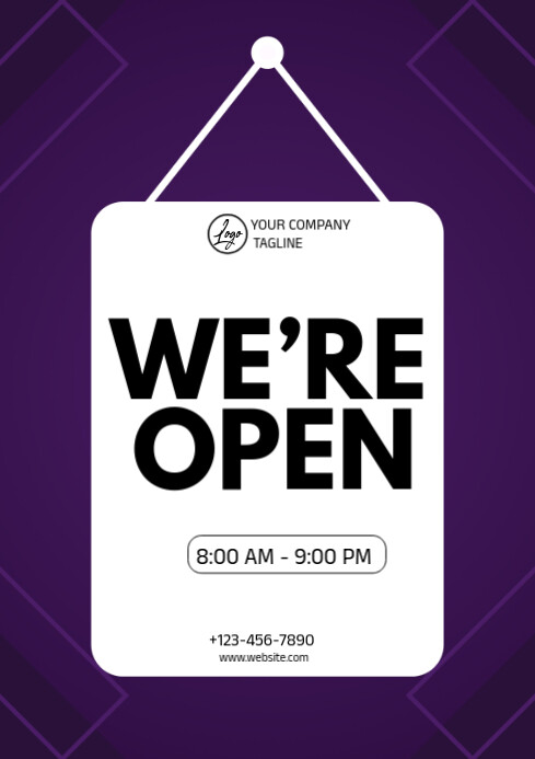 Purple Modern & Minimal We’re Open A4 template