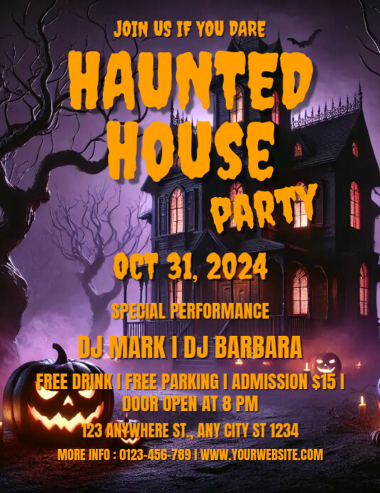 Purple Modern Illustration Haunted House Party Flyer Templat | PosterMyWall