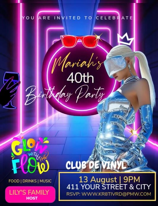 Purple Neon 40th Birthday Bash  Flyer (us Letter) Pamflet (VSA Brief) template