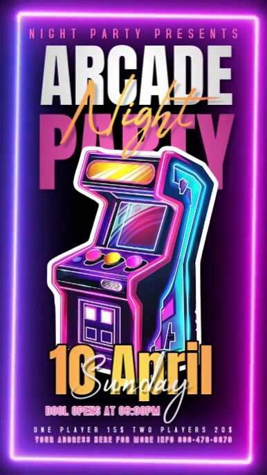 Purple Neon Arcade Night Party Instagram Story template