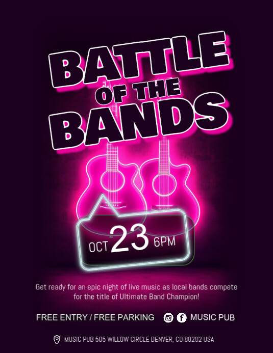 Purple Neon Battle Of The Bands Flyer (us Letter) 传单(美国信函) template