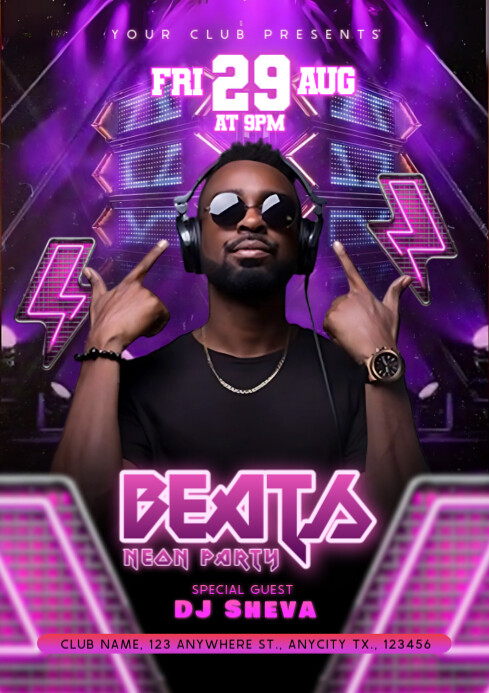 Purple Neon Beats Neon Party A4 template