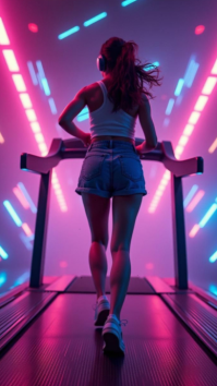 Purple Neon Fitness Motivation Digital Display. Fit Woman Jogging on Treadmill in Pink and Blue Neon template