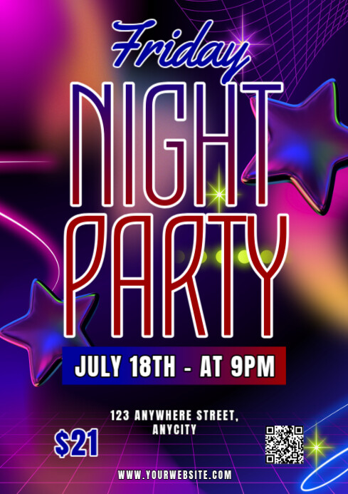 Purple Neon Friday Night Party A3 template