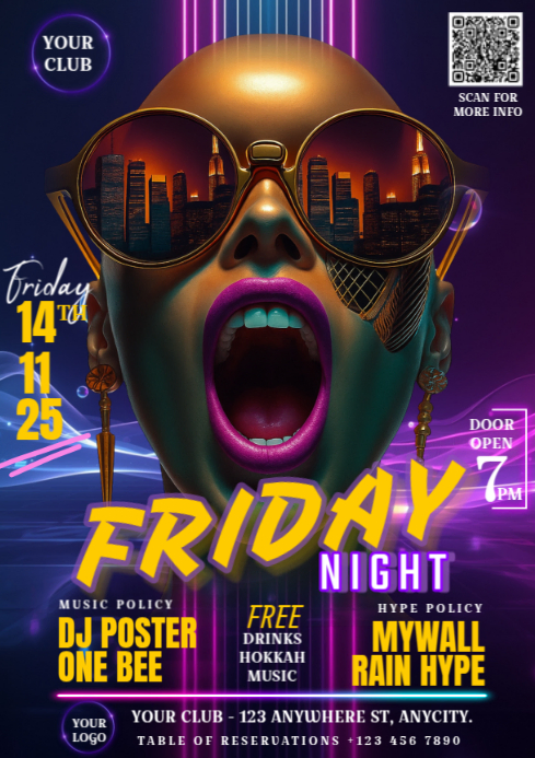 Purple Neon Friday Night Party Invitation Social Media A4 Template ...