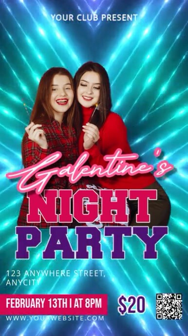 Purple Neon Galentine's Night Party Reel Instagram template